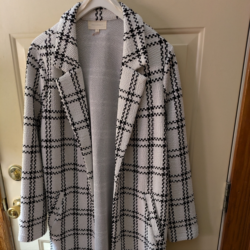Black And Cream Plaid Coat - Unlined And Knee Length